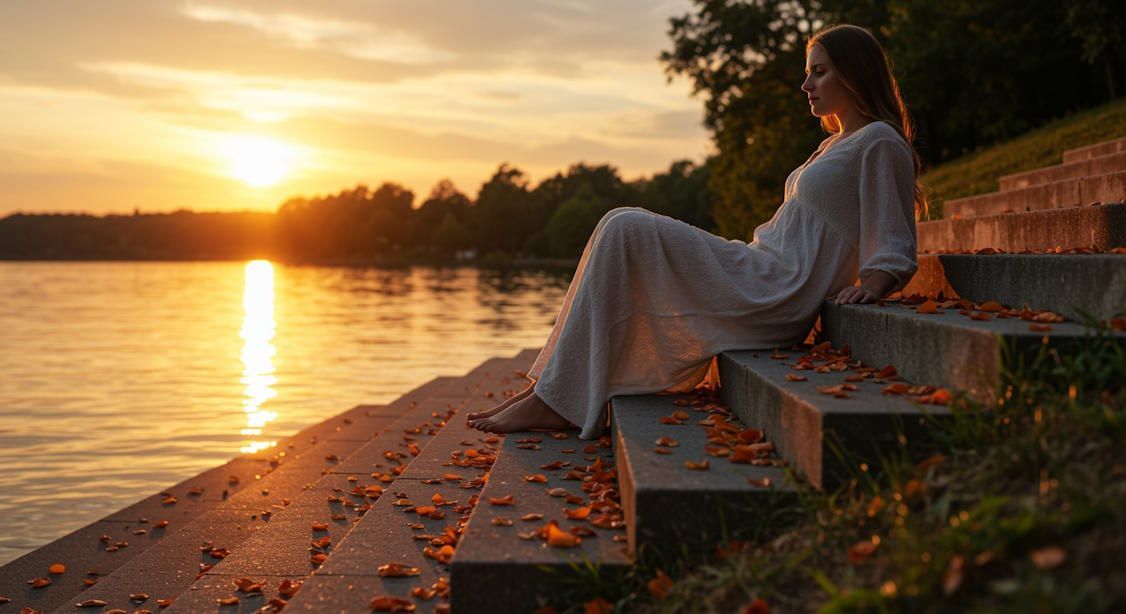 Client relaxing meditating on Lakewood Solstice Steps at sunset, gentle breeze, scattered amber petals around steps