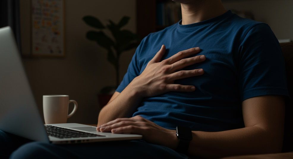 Close-up of a man placing his hand on his chest before laptop during virtual hypnosis in a Cleveland apartment calm measured breaths