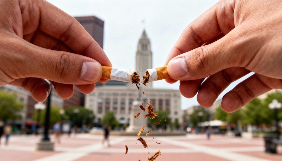 Close-up of a pair of hands breaking a cigarette in half with Cleveland’s Public Square blurred behind