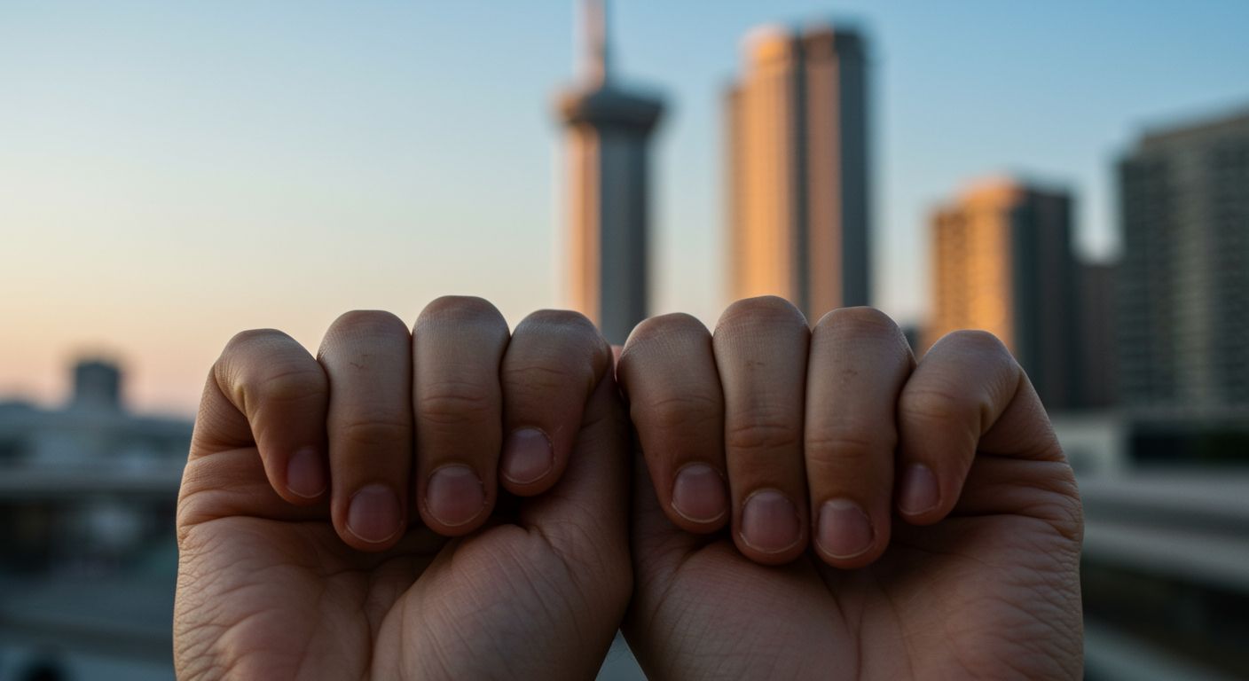 Close-up of Cleveland man's healed hands with Terminal Tower softly blurred in the background