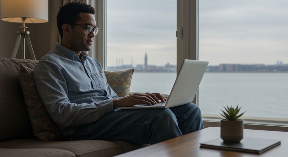 Comfortable seated Cleveland man using his laptop for remote meeting next to Lake Erie