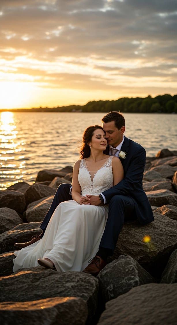 Happy couple seated on rocks near Lake Erie at sunset