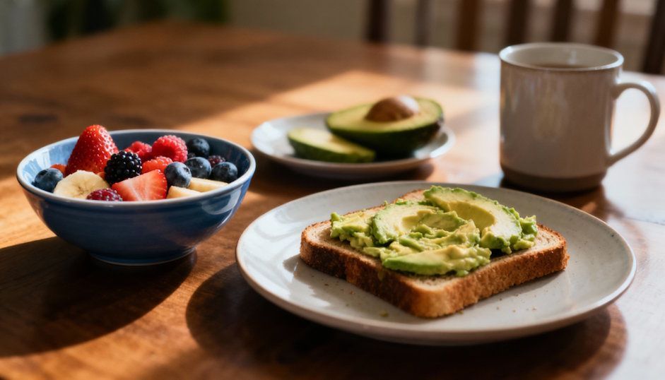 Healthy foods on a Cleveland dining table with gentle morning light representing new eating patterns