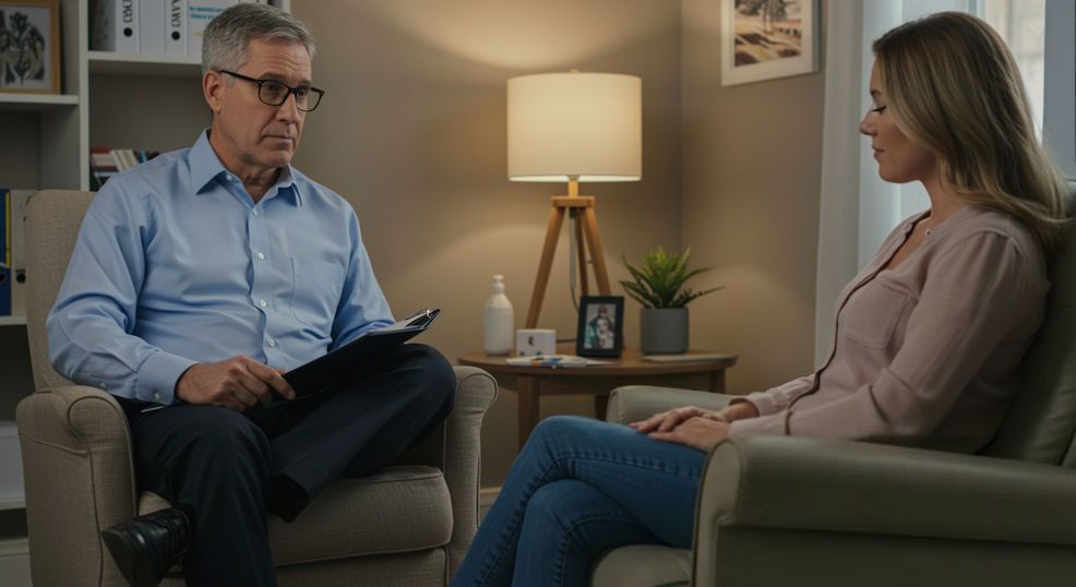 Hypnosis session between hypnotist and client in comfy office atmosphere