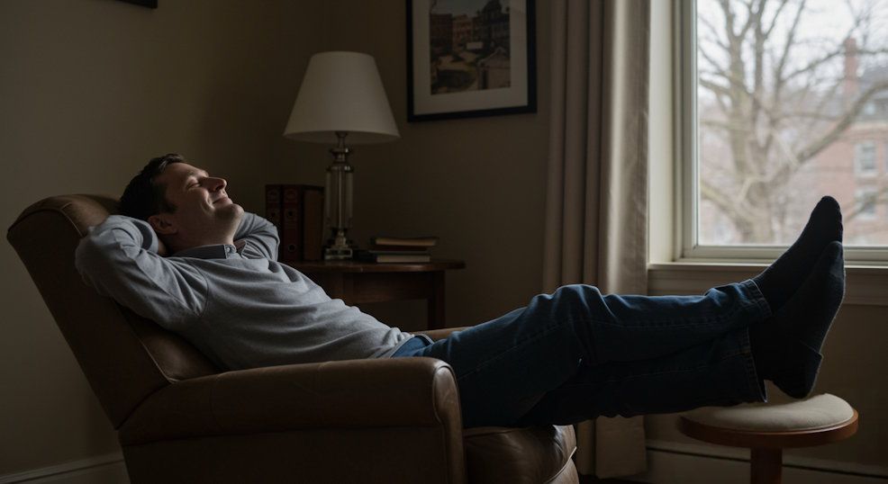 Man sitting comfortably in his easy chair reclined and relaxed with a peaceful smile on his face during hypnosis in Cleveland