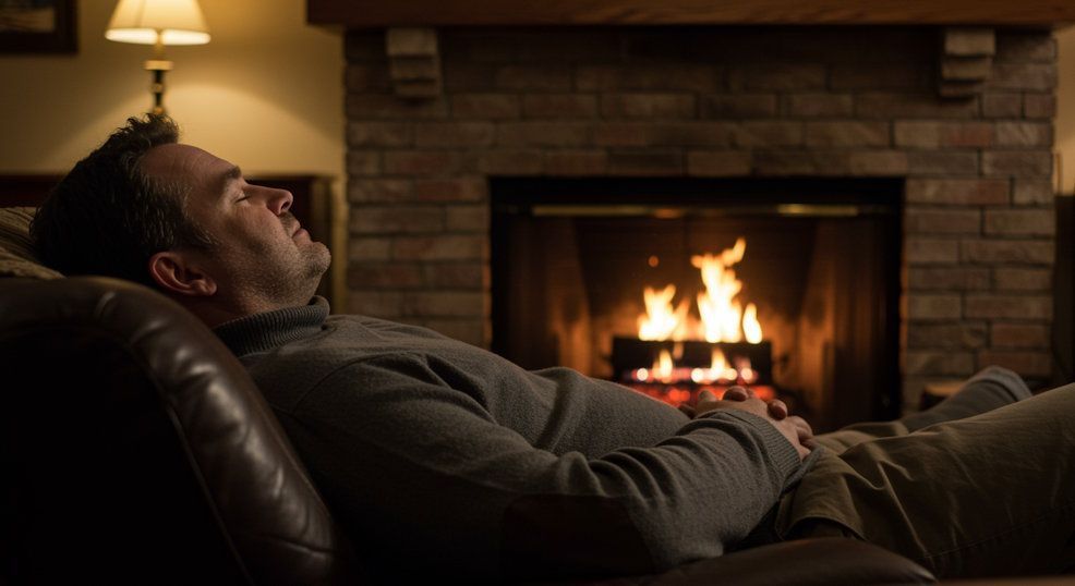 Man sitting in his cozy home with a nice fireplace in the background sitting back reclined during hypnosis