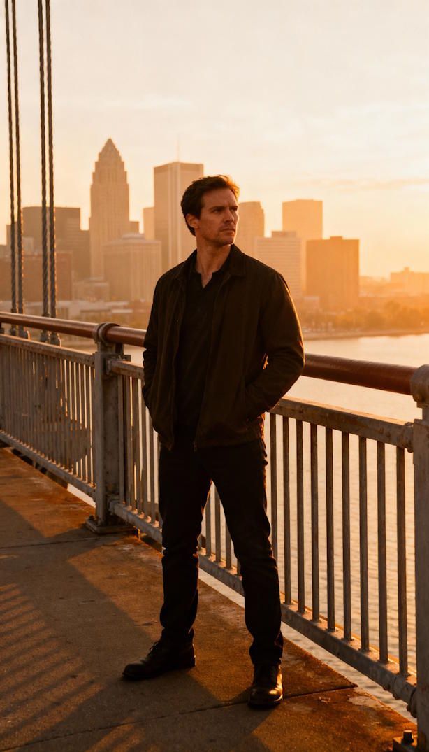 Man standing confidently on Detroit-Superior Bridge overlooking Cleveland