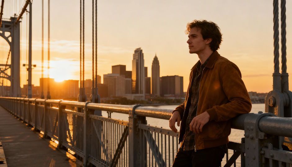 Man standing confidently on the Detroit-Superior Bridge overlooking city skyline at sunset
