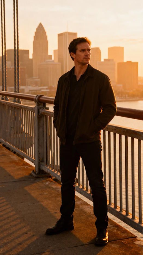 Man standing confidently on Detroit-Superior Bridge overlooking Cleveland, OH after overcoming his fear of heights