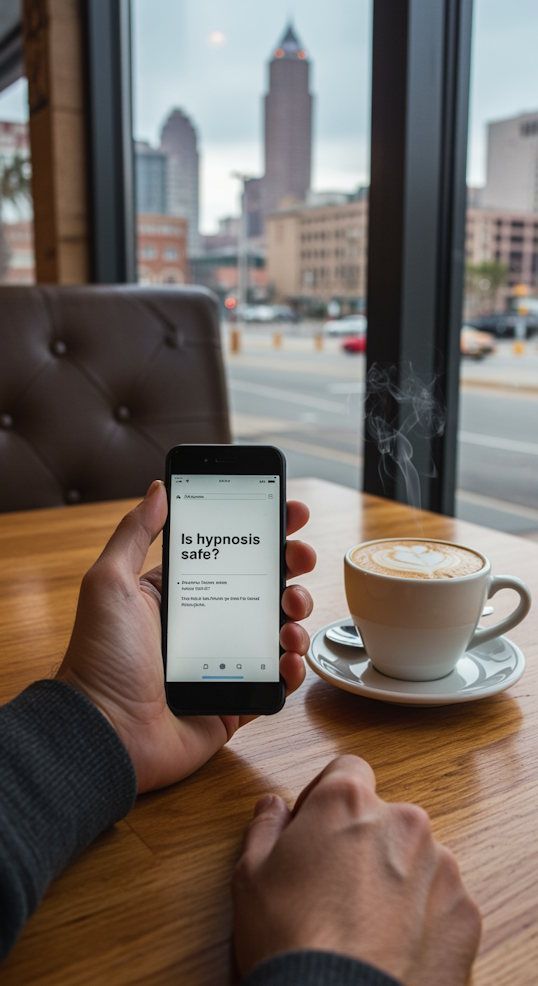 Person researching ‘Is hypnosis safe’ while sitting in a Cleveland café, coffee steaming beside them