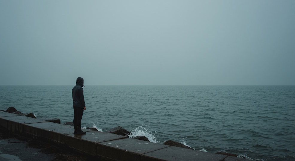 Person staring out over Lake Erie as waves crash gently, representing processing trauma memories without overwhelm