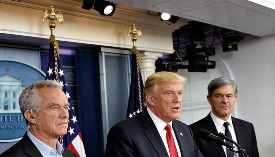 White House press conference with President Donald Trump at the podium, Robert F Kennedy, and Dr. Oz