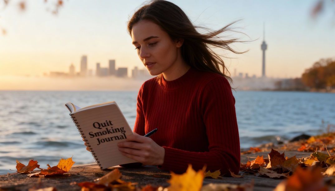 Cleveland woman journaling about being smoke-free beside Lake Erie, front of journal reads Quit Smoking Journal
