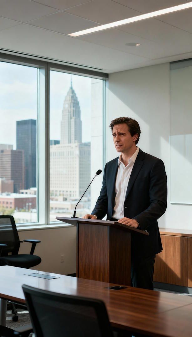 man standing at a podium in his Cleveland office conference room with a look of anxiety and fear before giving speech