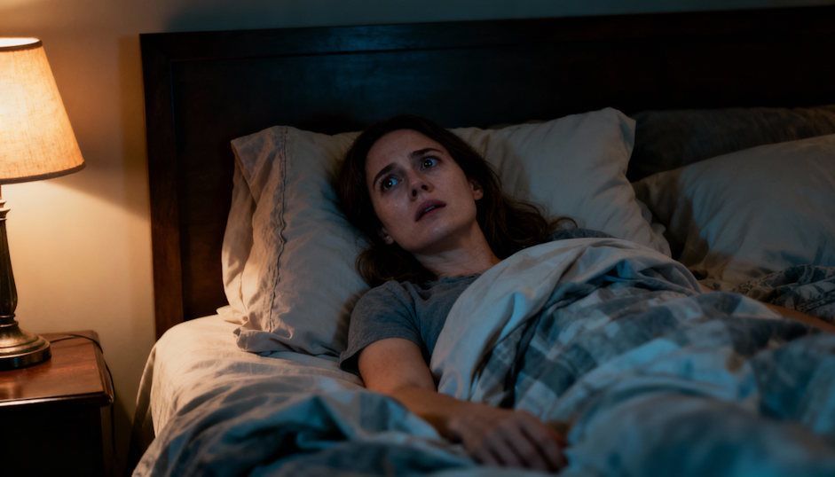 woman lying awake at night in a Cleveland bedroom eyes wide open caught in obsessive mental loops unable to sleep