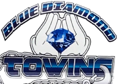 Logo for Blue Diamond Towing: hands cradling a blue diamond, with 
