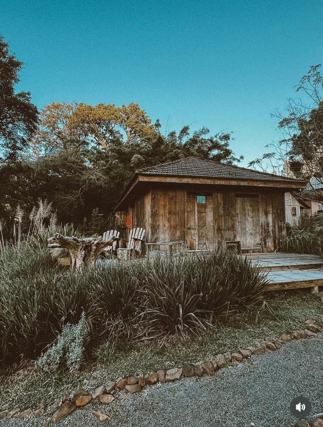 Cabana rústica de madeira aninhada em meio à vegetação exuberante sob um céu azul.