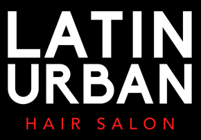 The latin urban hair salon logo is white and red on a black background