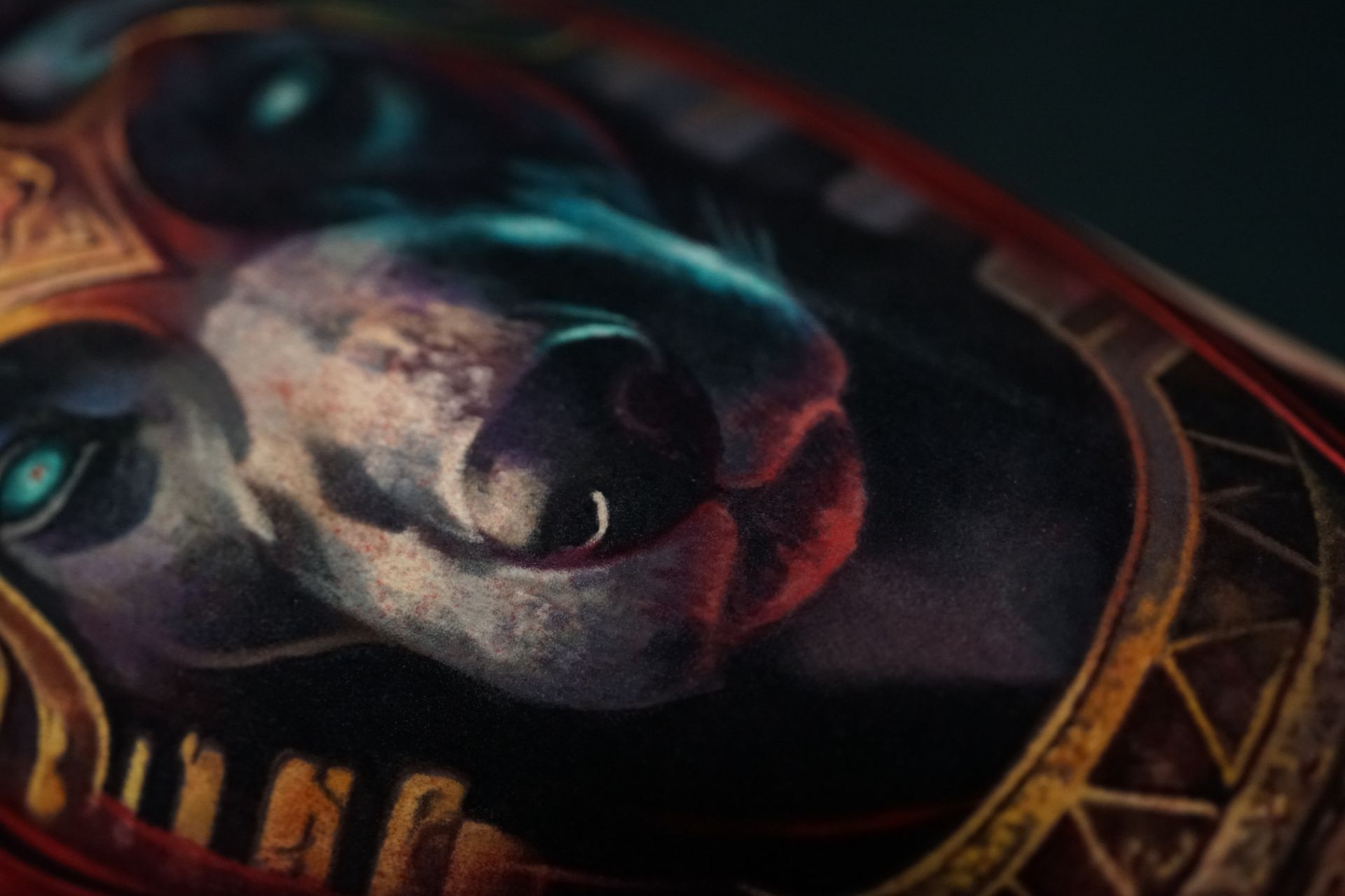 A close up of a painting of a horse 's face