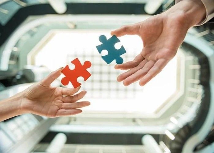 Hands holding red and blue puzzle pieces, reaching towards each other. Indoors, bright background.