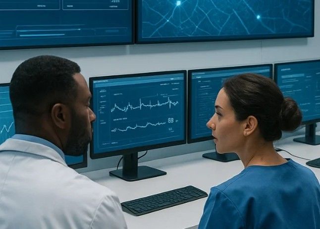 Three medical professionals smiling during a discussion. Two are wearing scrubs, one has a lab coat.