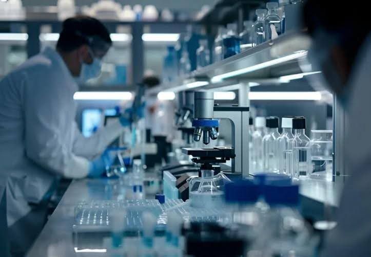 Scientists in lab coats and masks working in a research laboratory with microscopes and equipment.