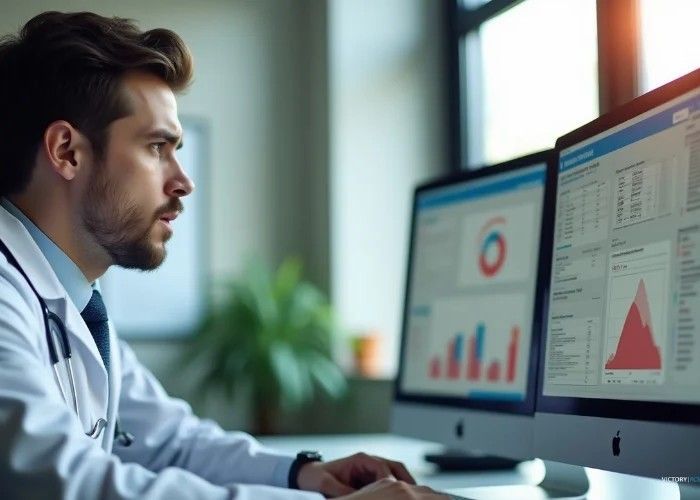 Doctor in lab coat examines data on computer monitors, charts and graphs displayed.