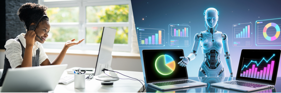 A split-screen view: a woman using a headset, and a robot pointing at data analysis on a laptop.