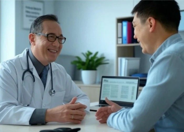 Doctor smiling, talking with patient in office. Laptop and plant visible.