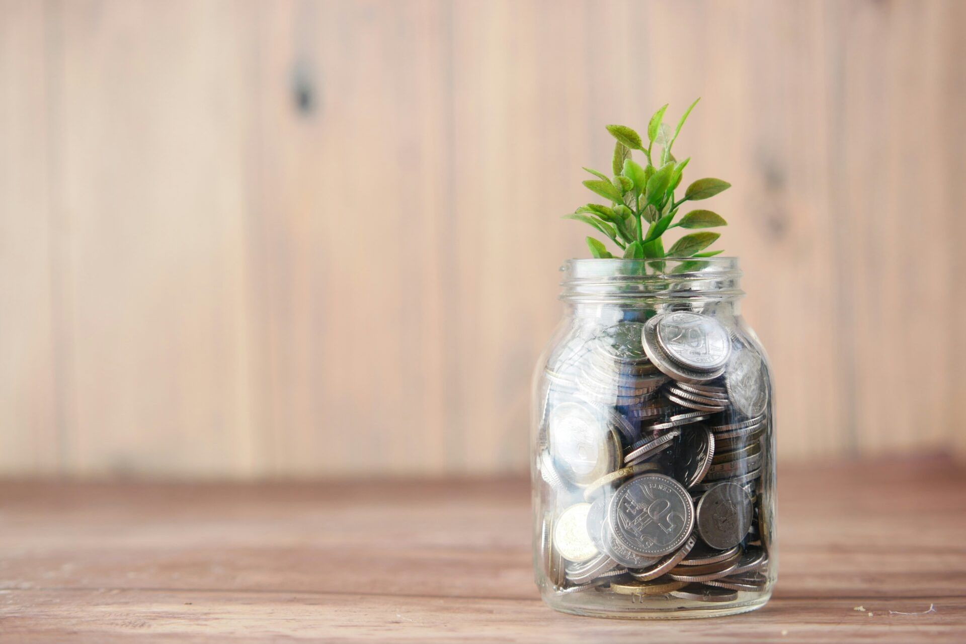 Jar of coins with a small plant growing out the top, symbolizing financial growth, on a wooden surface.