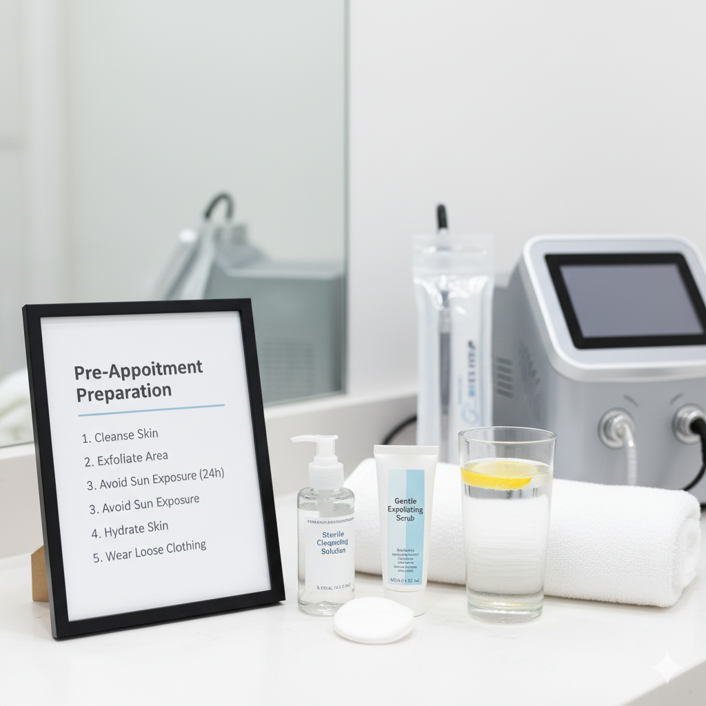 A list of pre-appointment preparation on a table with skincare products and medical equipment.