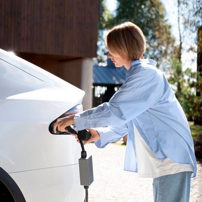 A woman in a blue shirt is charging an electric car