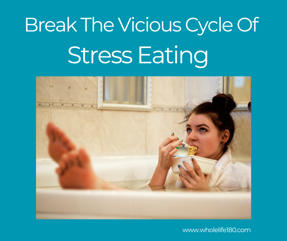 A woman in a bathtub eating a bowl of food with the words break the vicious cycle of stress eating below her