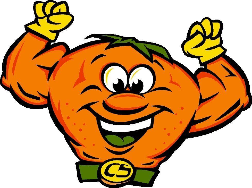 A cartoon illustration of an orange with muscles and a cs belt