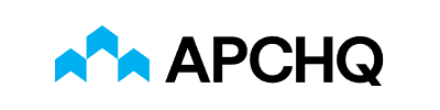 Logo de l'APCHQ avec une série de flèches bleu clair pointant vers le haut sur la gauche.