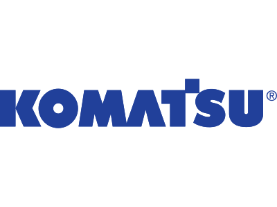 The komatsu logo is blue and white on a white background.