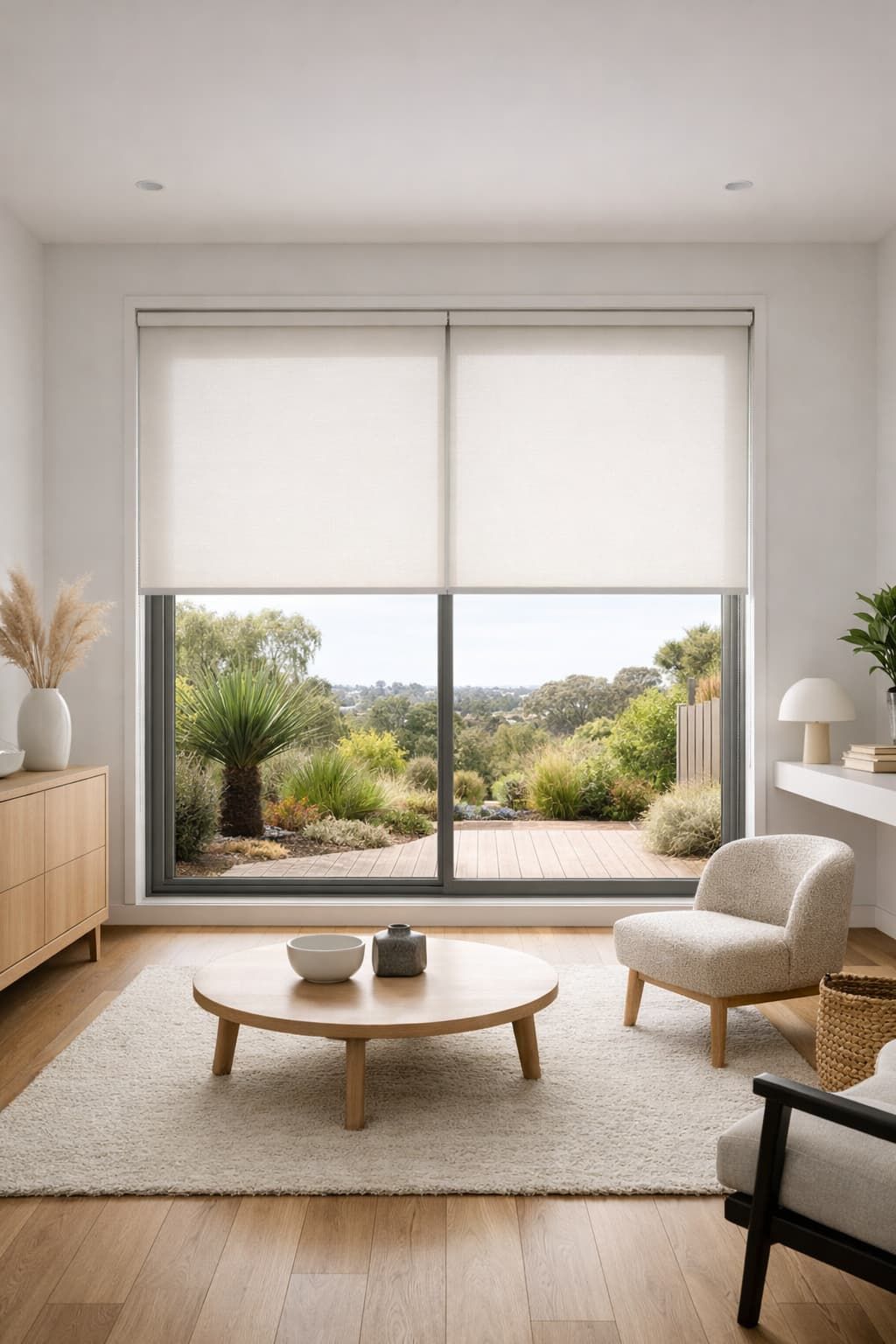 Modern window with custom roller blinds and natural light