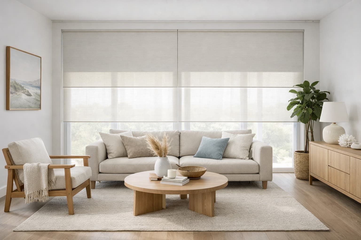 Light filtering roller blinds in modern living room
