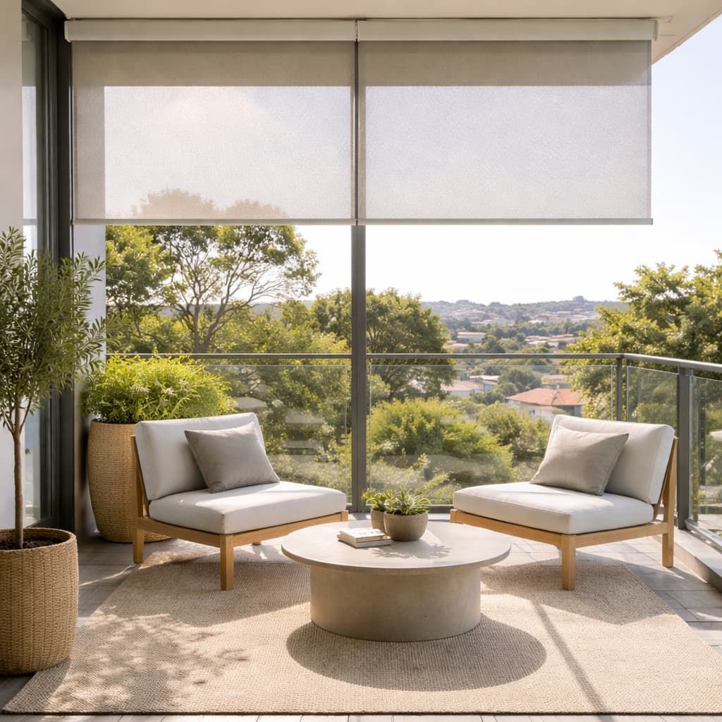 Outdoor blinds installed on modern balcony