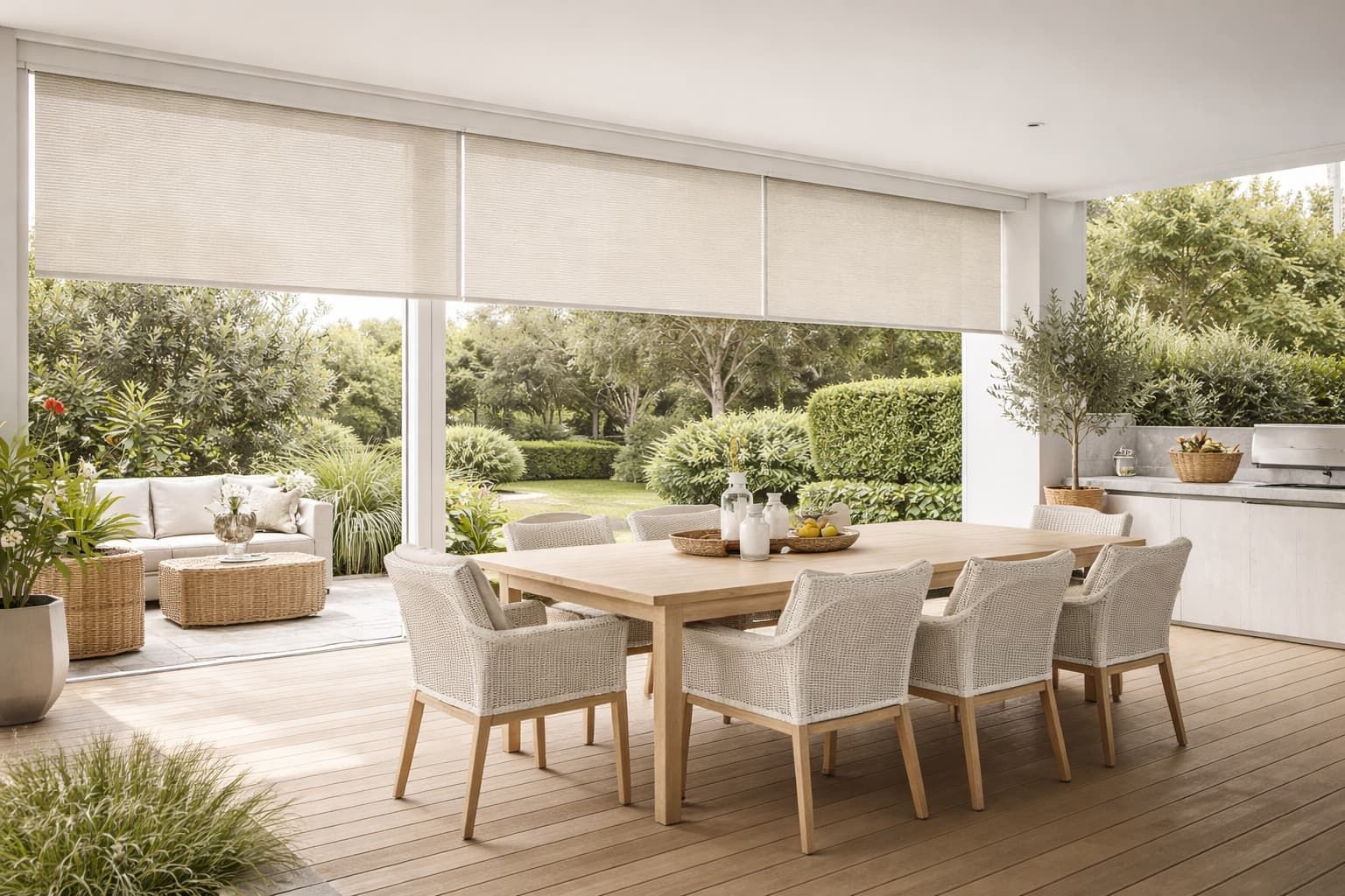 Outdoor blinds installed in Ballarat entertaining area with timber deck