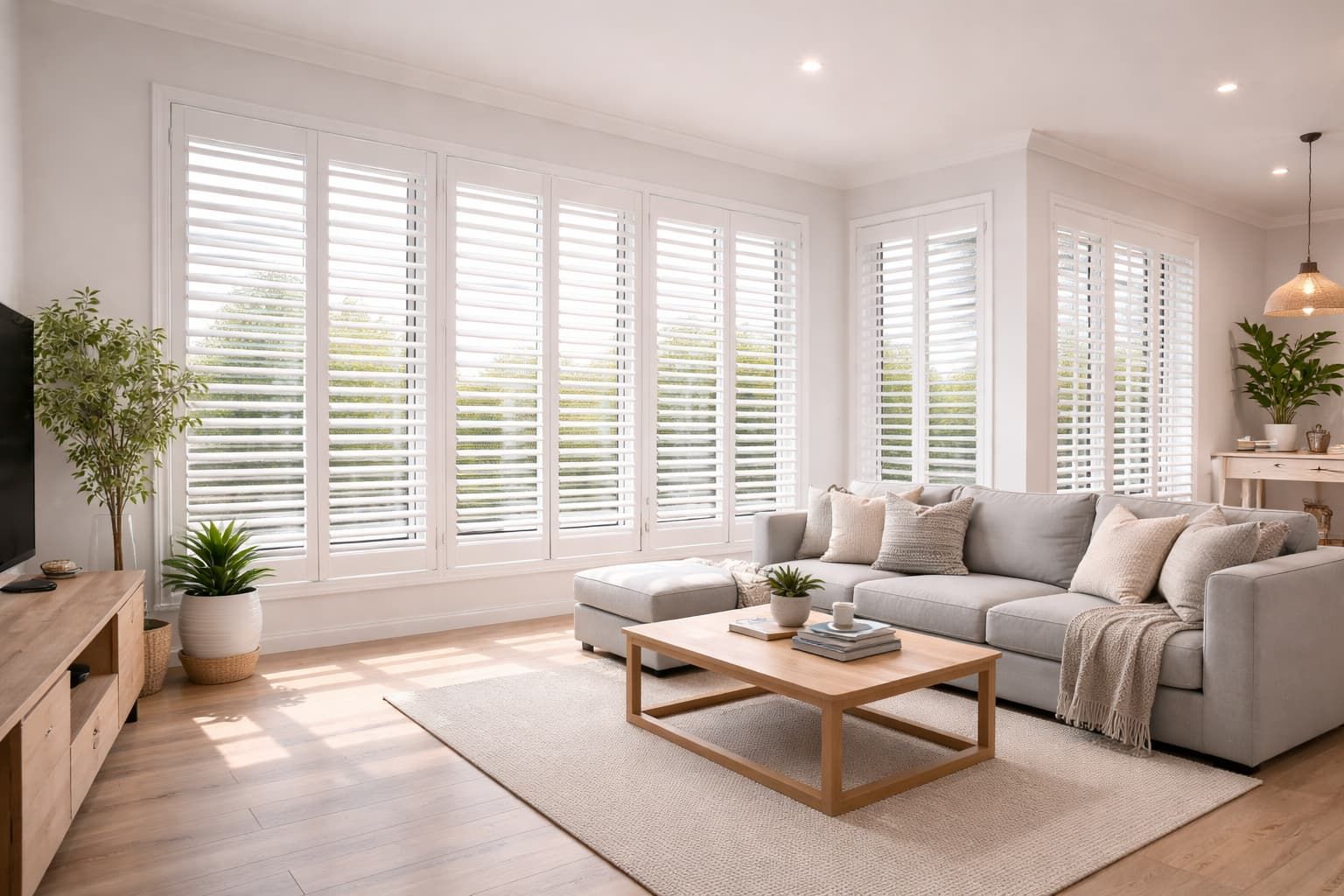 Plantation shutters installed in modern Ballarat living room