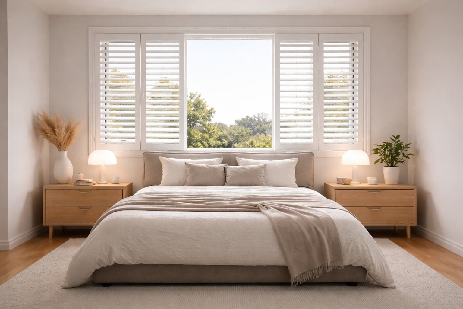 Plantation shutters installed in modern bedroom