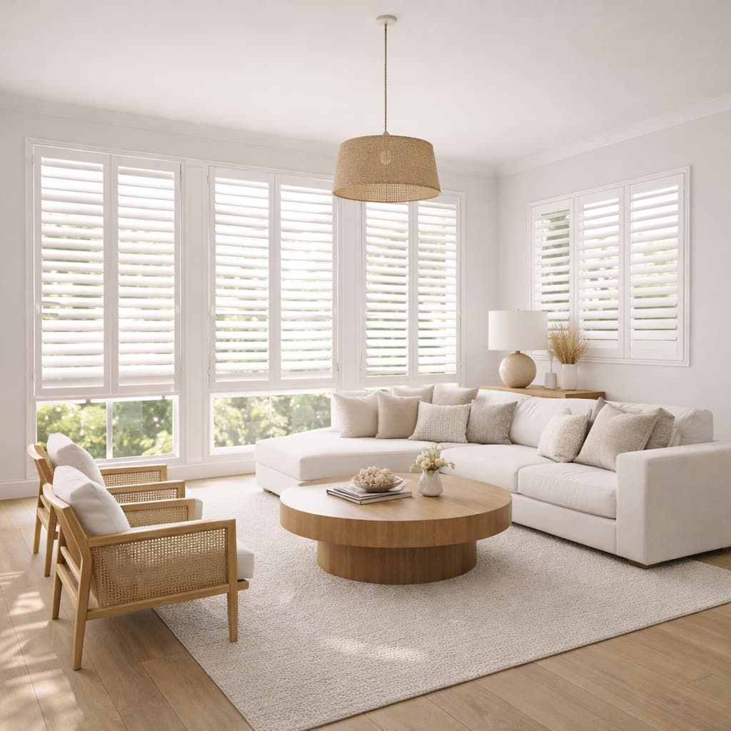 Close-up of plantation shutter louvres filtering sunlight