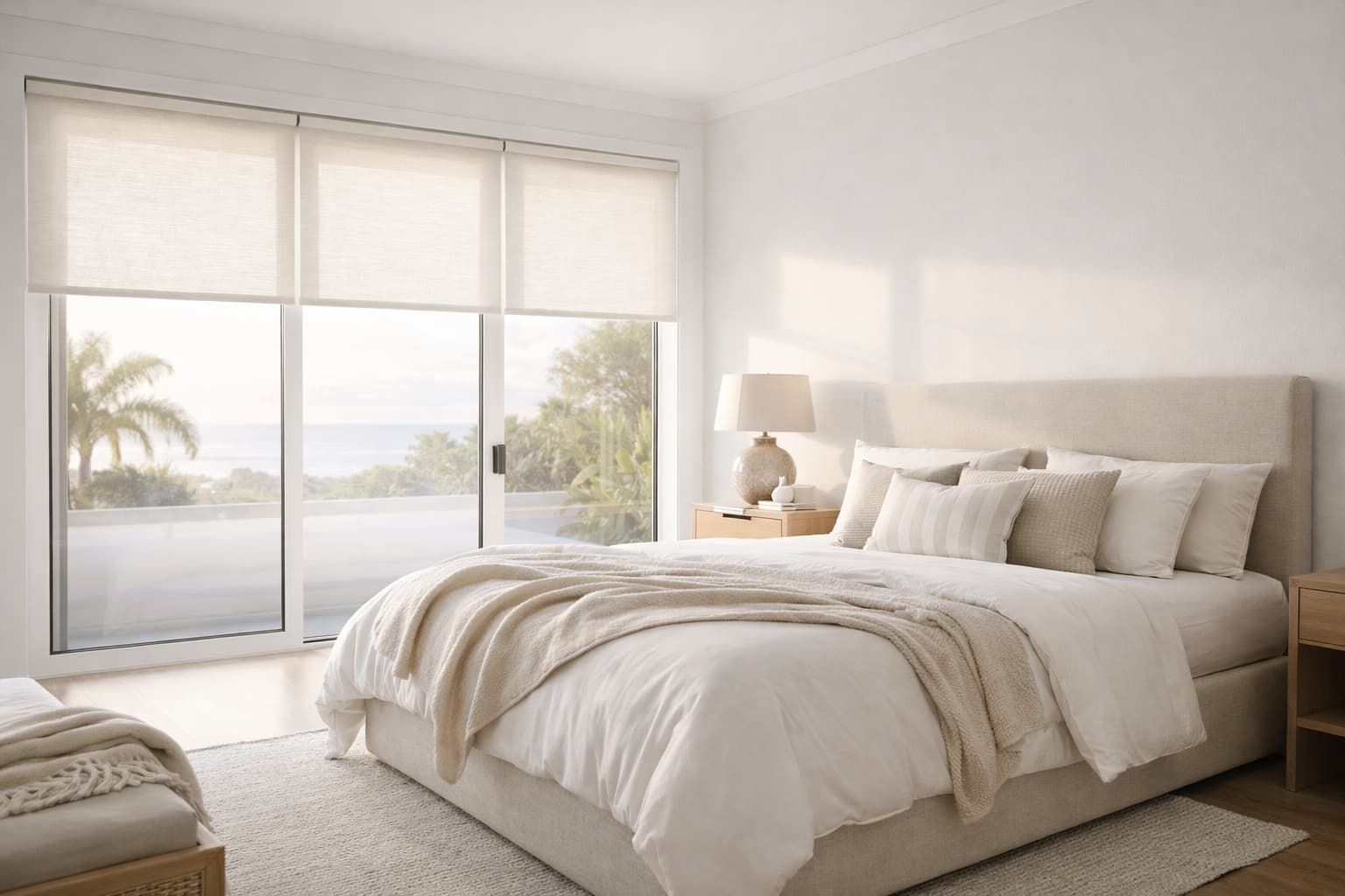 Roller blinds installed in modern bedroom