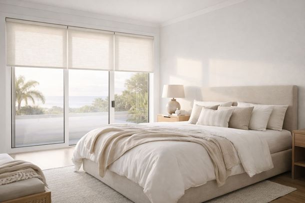 Roller blinds installed in modern bedroom