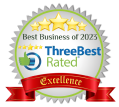 A badge that says `` best business of 2023 three best rated excellence ''.