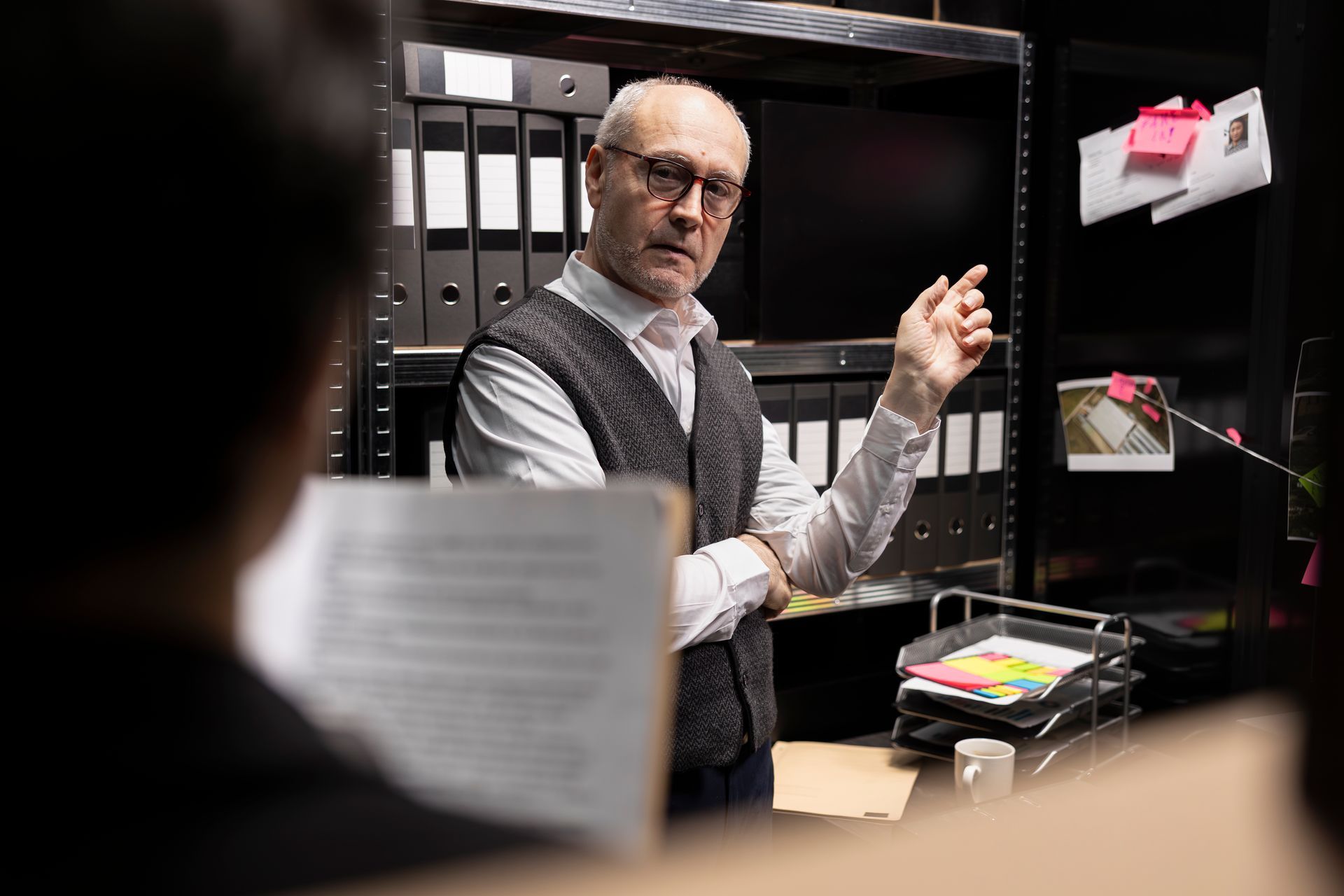 Man in vest gesturing, speaking in a room with filing cabinets and documents.
