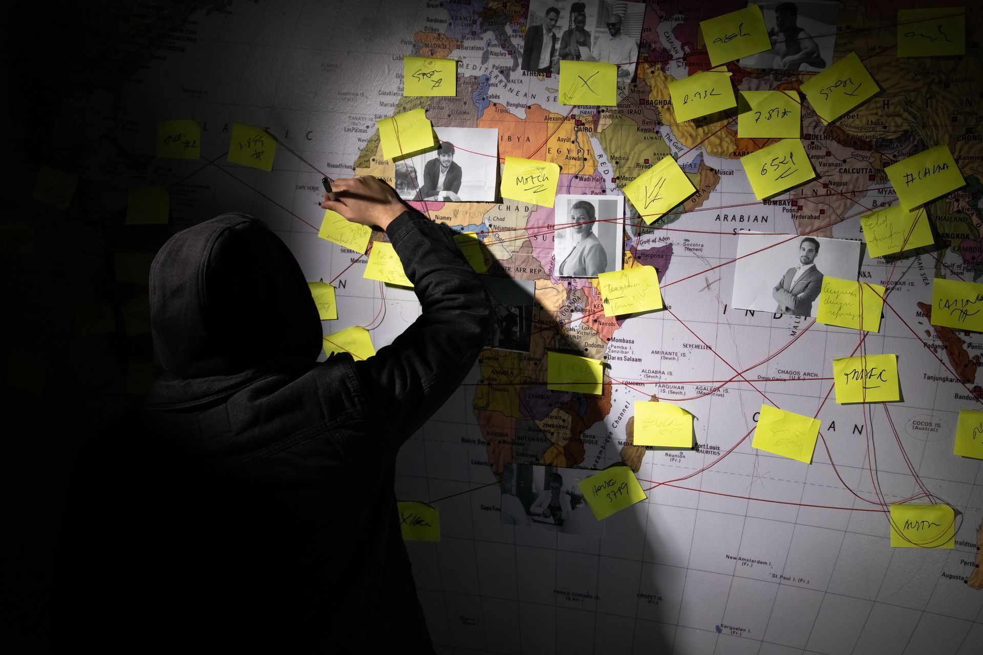 Person in hooded sweatshirt connecting notes and photos on world map.