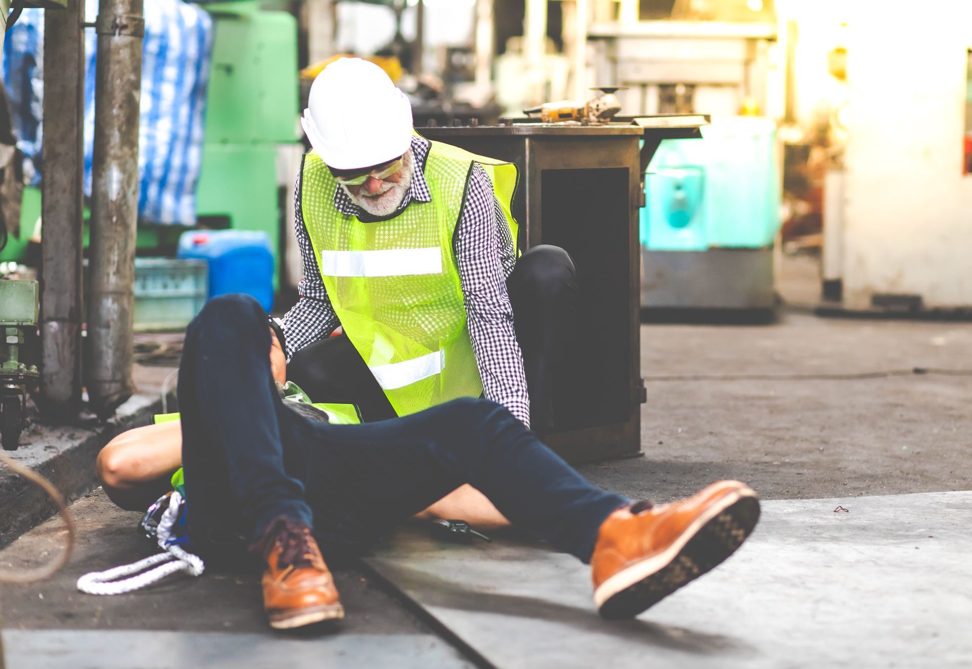 Man on factory floor after fall, being helped by a colleague. Both wear safety vests and hard hats.