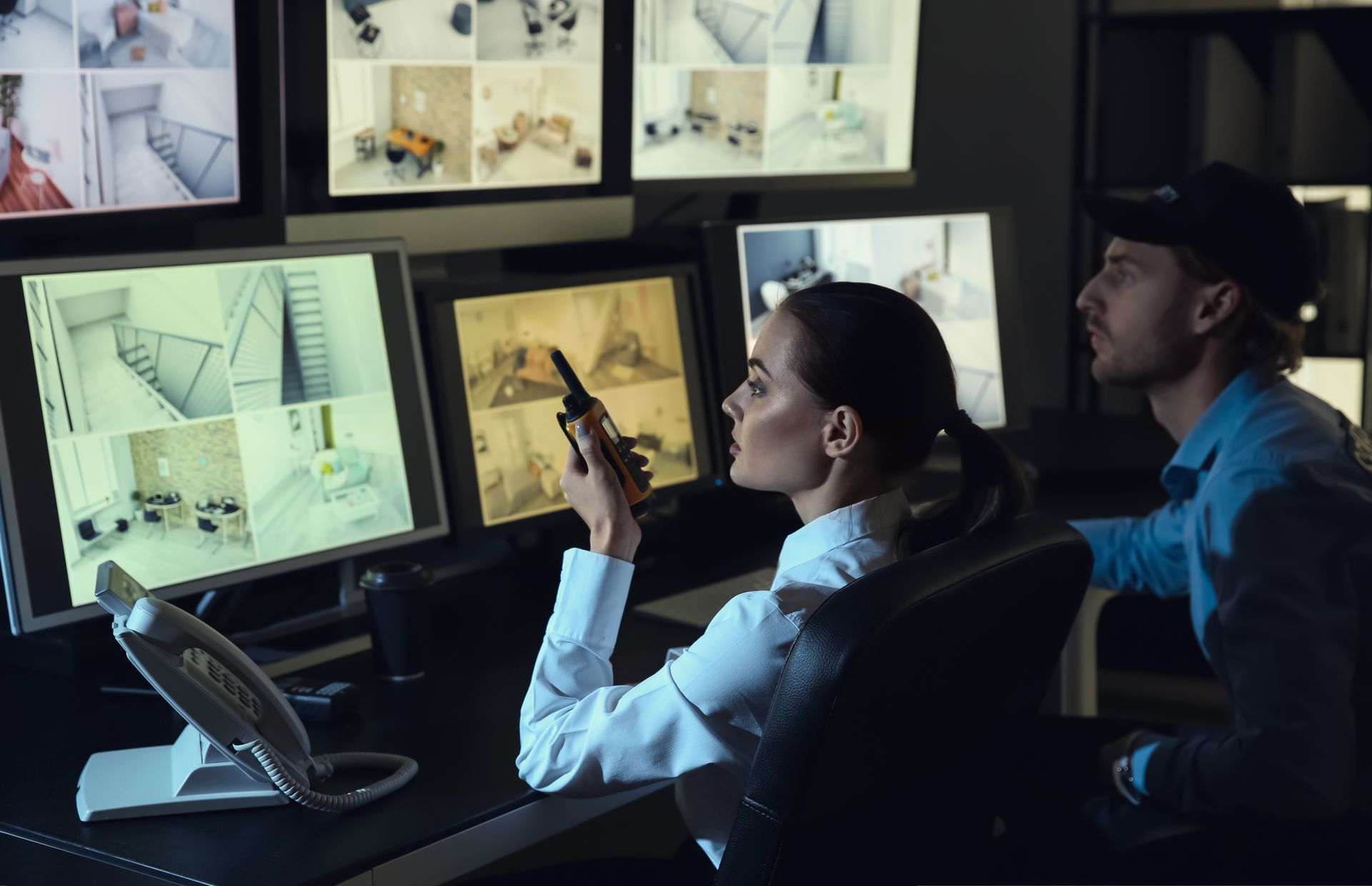Two people in a security room monitoring screens, one holding a walkie-talkie.